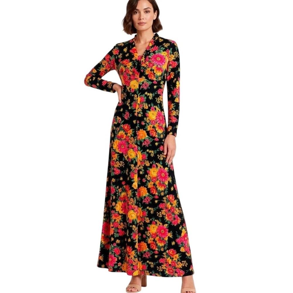 VTG 70s CRAIG BYRON Autumn Floral Long Sleeve Retro Maxi Dress SZ 10